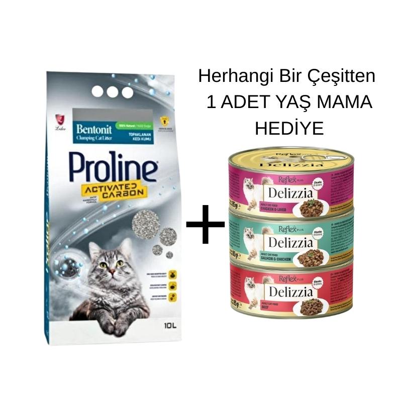 Proline Karbonlu Kedi Kumu İnce Taneli 10 Lt+1 Adet Reflex Delizzia Yaş Kedi Maması 85gr Hediye!