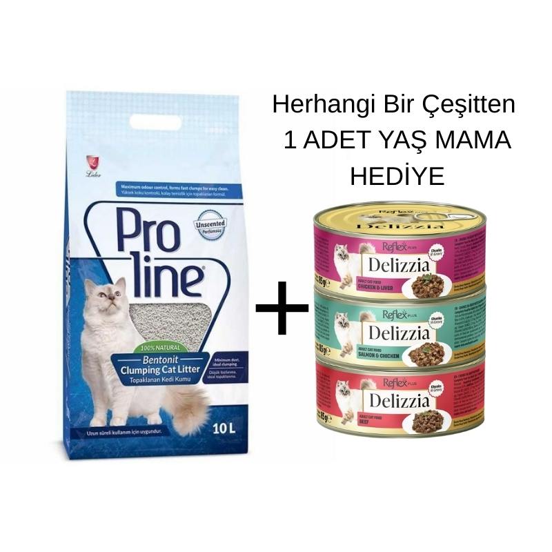 Proline Kedi Kumu Kokusuz İnce Taneli 10 Lt+1 Adet Reflex Delizzia Yaş Kedi Maması 85gr Hediye!