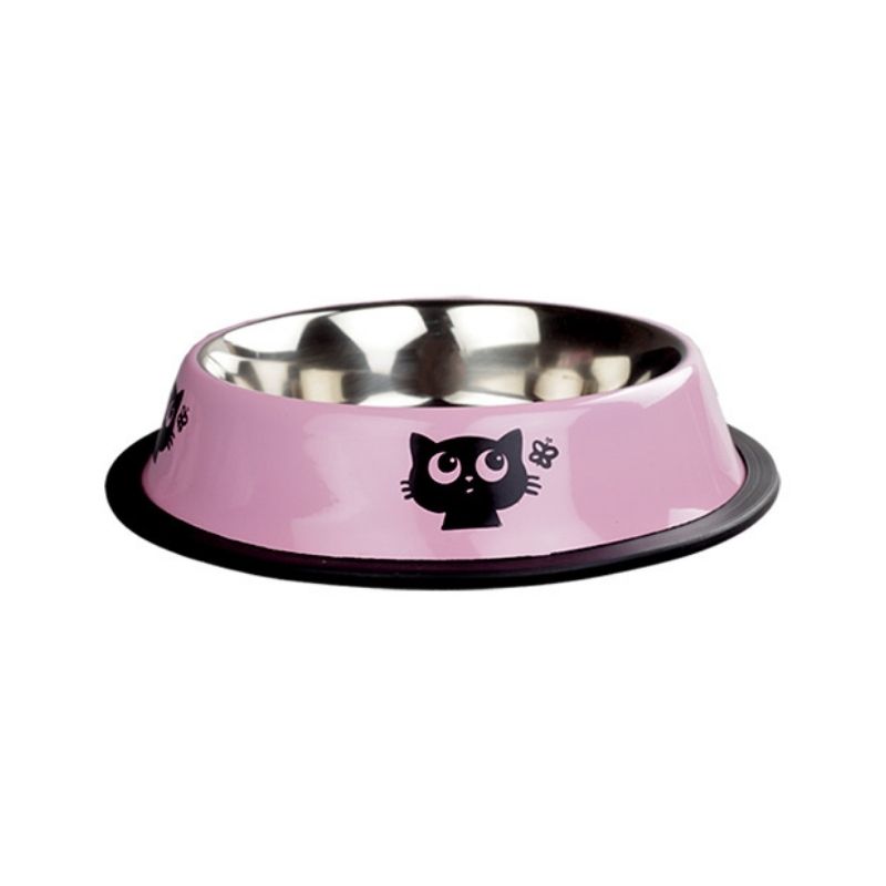 Oripet Kedi Desenli Çelik Mama ve Su Kabı Pembe