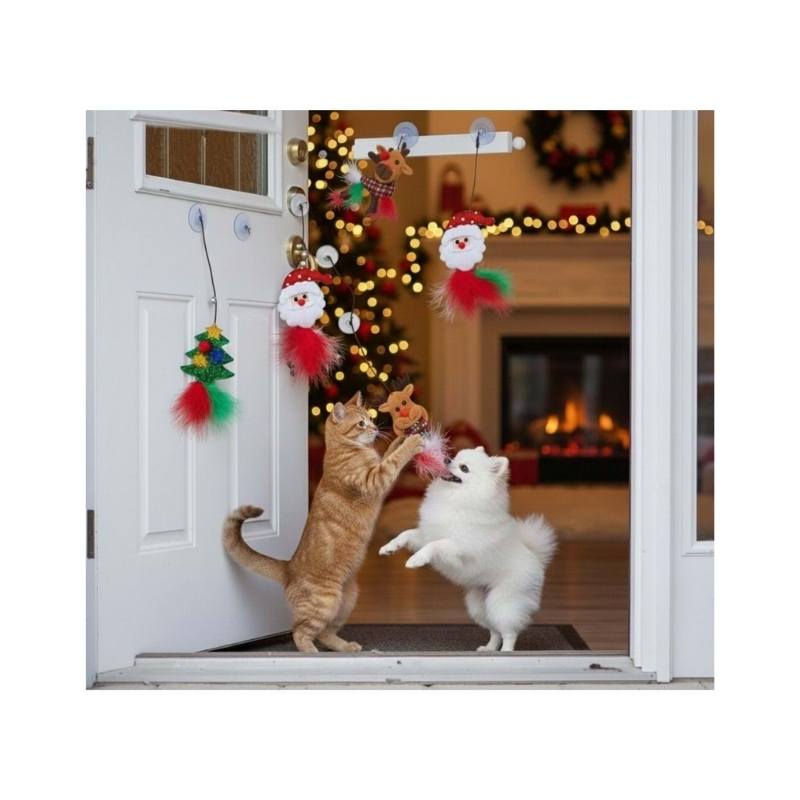 Yılbaşı Konsepti Tüy Püsküllü Yapışkanlı Kedi Oyuncak