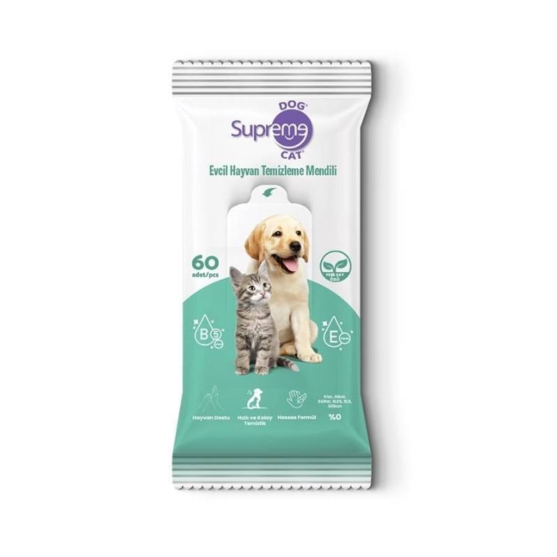 Supreme Cat Dog Yeşil Çaylı Evcil Hayvan Temizleme Mendili 60 Adet