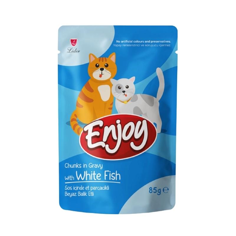 Enjoy Sos İçinde Et Parçacıklı Beyaz Balıklı Kedi Yaş Maması 85 gr