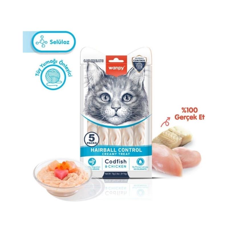 Wanpy Hairball Control Morina Balığı &Tavuk Krema Kedi Ödül 5x14gr